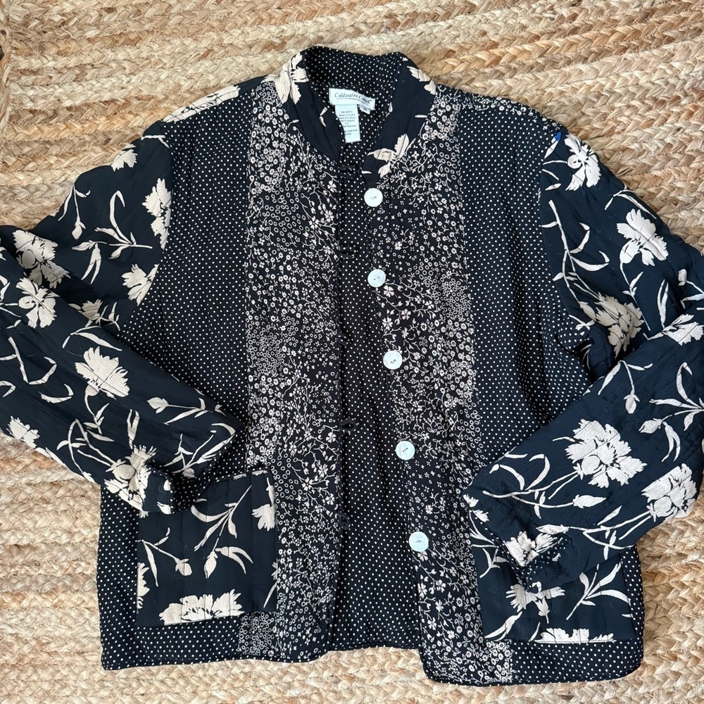Coldwater Creek Women’s Medium Black & Tan Boho Floral Patchwork Style Jacket